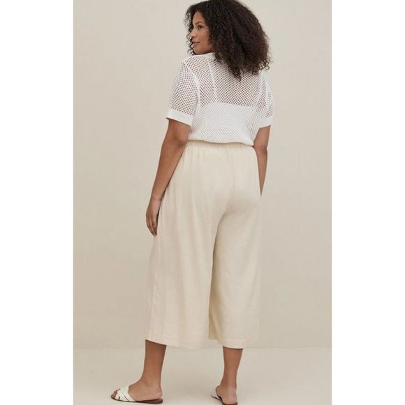 Torrid Crop Pull On Wide Leg Stretch Linen Blend Pant Size 00/M-L - Khaki - Picture 2 of 10
